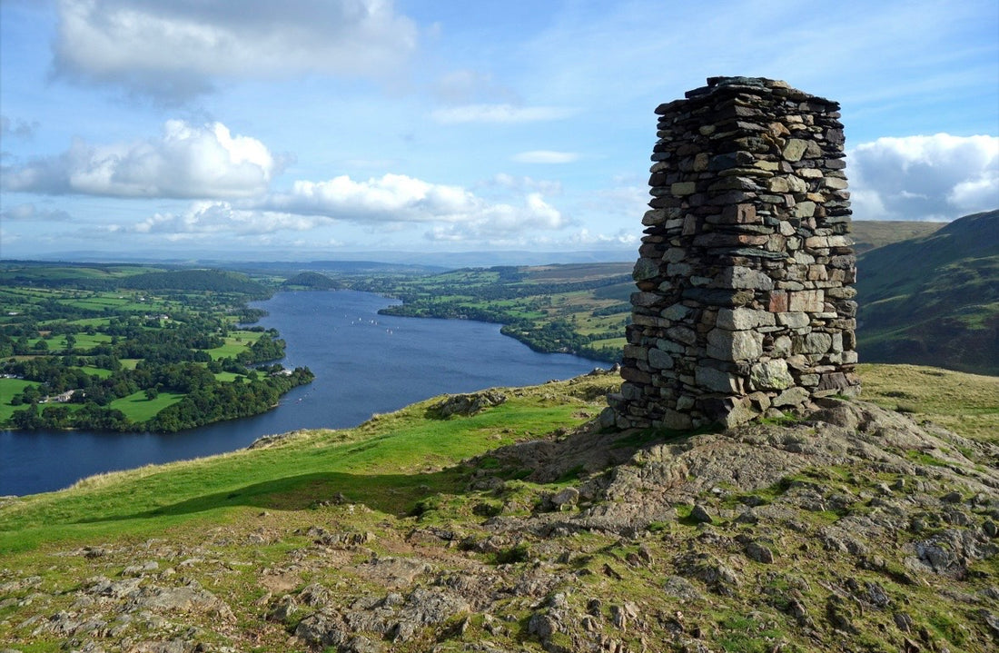Stone summit cairn on Hallin Fell overlooking Ullswater